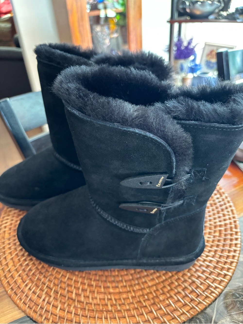 BearPaw Women's Black Suede Shearling Boots with Toggle Detail new never worn!